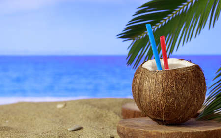 Summer vacations concept - Sandy beach and coconut drinkの写真素材