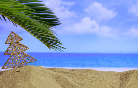 Christmas tree on a sandy beach - copy space