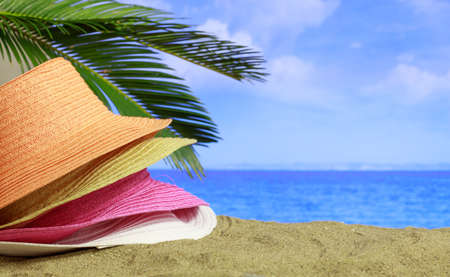 Summer vacations concept - Variety of straw hats and copy spaceの写真素材
