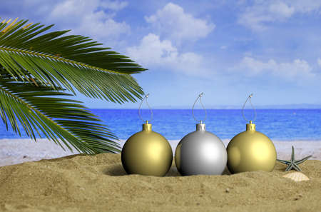 Christmas balls on a sandy beach. Christmas beach vacation concept. 3d illustration