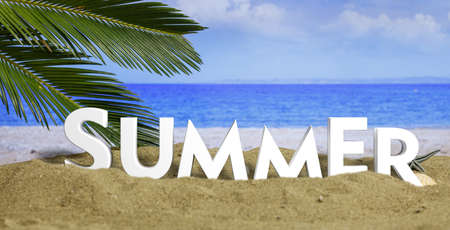 Summer holidays - Text summer on a sandy beach. 3d illustrationの写真素材