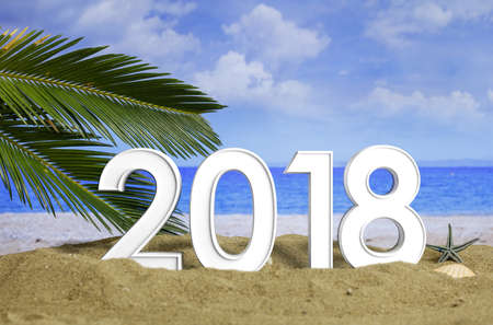 New year 2018 on a sandy beach. New year beach vacation concept. 3d illustration