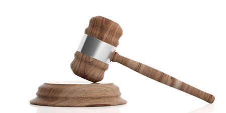 Wooden judge or auction gavel isolated on white background. 3d illustrationの写真素材