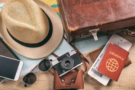 Travel and vacation concept. Travel accessories - top viewの写真素材