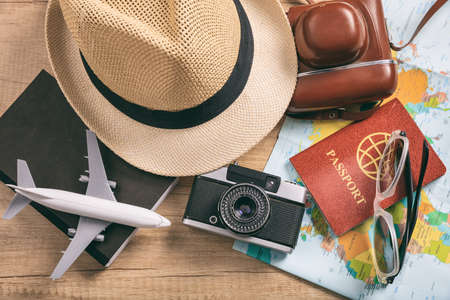 Travel and vacation concept. Travel accessories - top viewの写真素材