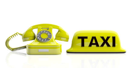 Yellow taxi sign and old telephone isolated on white background. 3d illustrationの写真素材