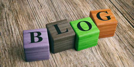 Word Blog on wooden blocks and wooden background. 3d illustrationの写真素材