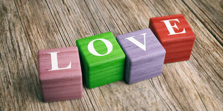 Word Love on wooden blocks and wooden background. 3d illustrationの写真素材