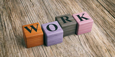 Word Work on wooden blocks and wooden background. 3d illustrationの写真素材