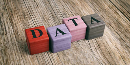 Word Data on wooden blocks and wooden background. 3d illustrationの写真素材