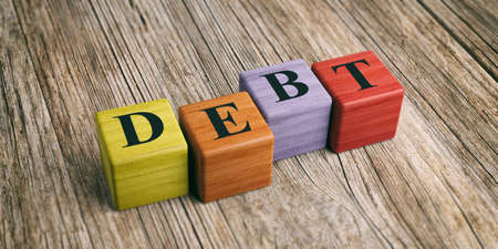 Word Debt on wooden blocks and wooden background. 3d illustrationの写真素材