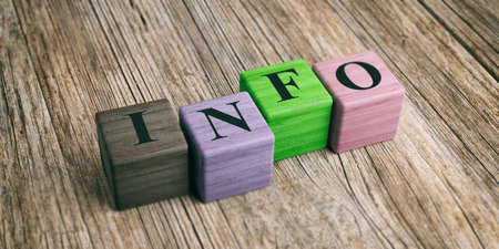 Word Info on wooden blocks and wooden background. 3d illustrationの写真素材