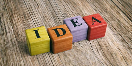 Word Idea on wooden blocks and wooden background. 3d illustrationの写真素材