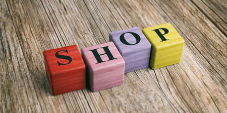 Word Shop on wooden blocks and wooden background. 3d illustrationの写真素材