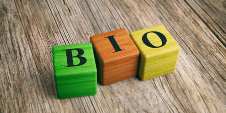 Word Bio on wooden blocks and wooden background. 3d illustrationの写真素材