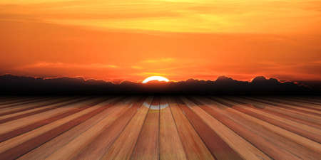 Wooden planks on sunset background and copy space. 3d illustrationの写真素材