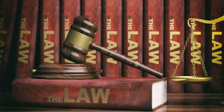 Law theme. Wooden judge gavel and law books. 3d illustration