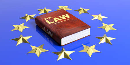 Law book on european union flag background. 3d illustration