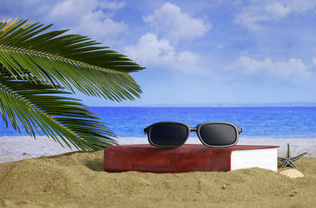 Sunglasses and a book on a sandy beach. 3d illustrationの写真素材