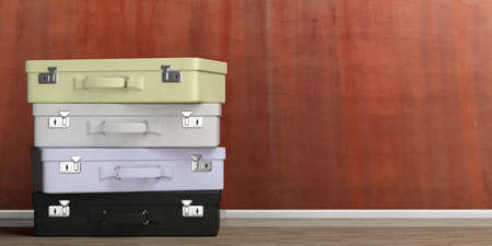 Travel suitcases stack - stucco wall background and copy space. 3d illustration