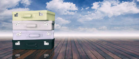 Travel suitcases on a wooden deck and blue sky background. 3d illustrationの写真素材