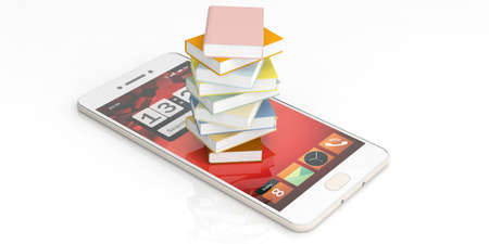 E-learning concept. Books stacked on a smartphone on white background. 3d illustrationの写真素材