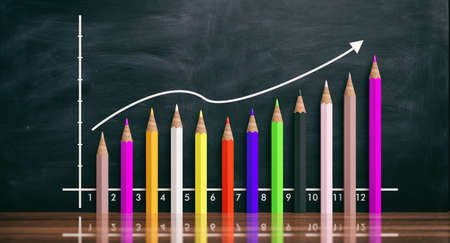 Increasing chart with colored pencils on blackboard background. 3d illustrationの写真素材