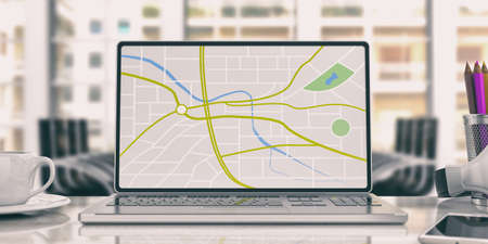 Navigation concept. Map on the laptop screen. 3d illustration