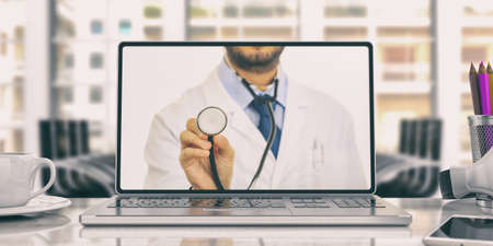 Workspace. Doctor on the computer screen. 3d illustrationの写真素材
