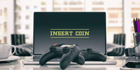 Video games controller on an office desk. 3d illustrationの写真素材