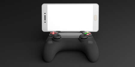 Video games console controller and a smartphone on black background. 3d illustrationの写真素材