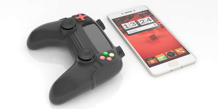 Video games console controller and a smartphone on white background. 3d illustration