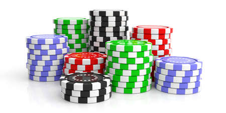 Colorful poker chips stacks isolated on white background. 3d illustrationの写真素材