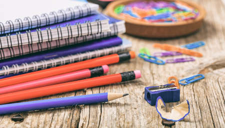 School - office supplies on wooden backgroundの写真素材