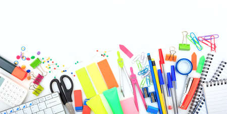 Office - school supplies on white background - copy spaceの写真素材