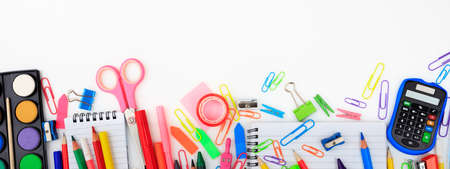 School supplies on white background - copy spaceの写真素材