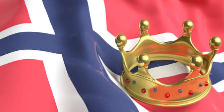 Norwegian monarchy. Golden crown on Norway flag background. 3d illustrationの写真素材