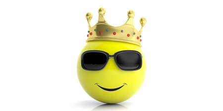Yellow emoticon with golden crown isolated on white background. 3d illustrationの写真素材
