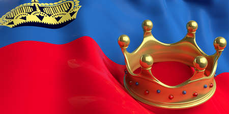 Principality of Liechtenstein. Golden crown on Liechtenstein flag background. 3d illustrationの写真素材