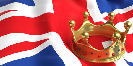 Monarchy of the United Kingdom. Golden crown on UK flag background. 3d illustrationの写真素材