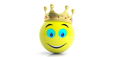 Yellow emoticon with golden crown isolated on white background. 3d illustrationの写真素材