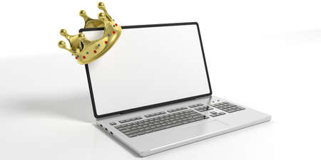Laptop and a golden crown on white background. 3d illustrationの写真素材