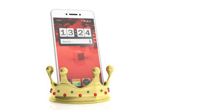 Mobile phone and a golden crown on white background. 3d illustrationの写真素材