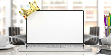 Laptop and a golden crown on an office desk. 3d illustrationの写真素材