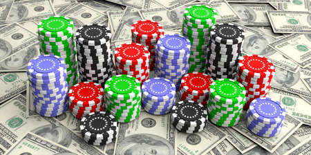 Casino chips on american dollars banknotes. 3d illustrationの写真素材