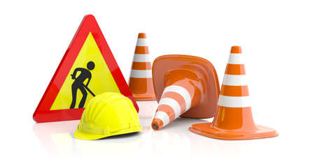 Work in progress concept. Traffic cones and sign and hard hat on white background. 3d illustrationの写真素材
