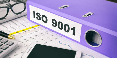 Blue ring Binder with inscription Iso 9001. 3d illustrationの写真素材
