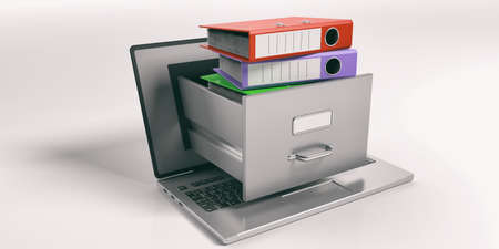 Laptop data storage. Filing cabinet drawer out of a laptop screen. 3d illustrationの写真素材