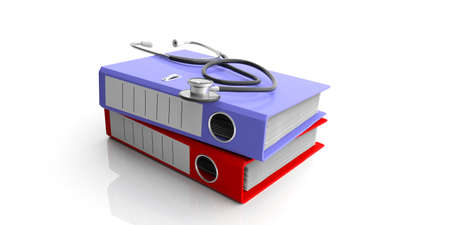 Medical records concept. Ring binders and a stethoscope isolated on white background. 3d illustrationの写真素材