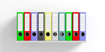 Colorful ring binders on a shelf on white background. 3d illustrationの写真素材